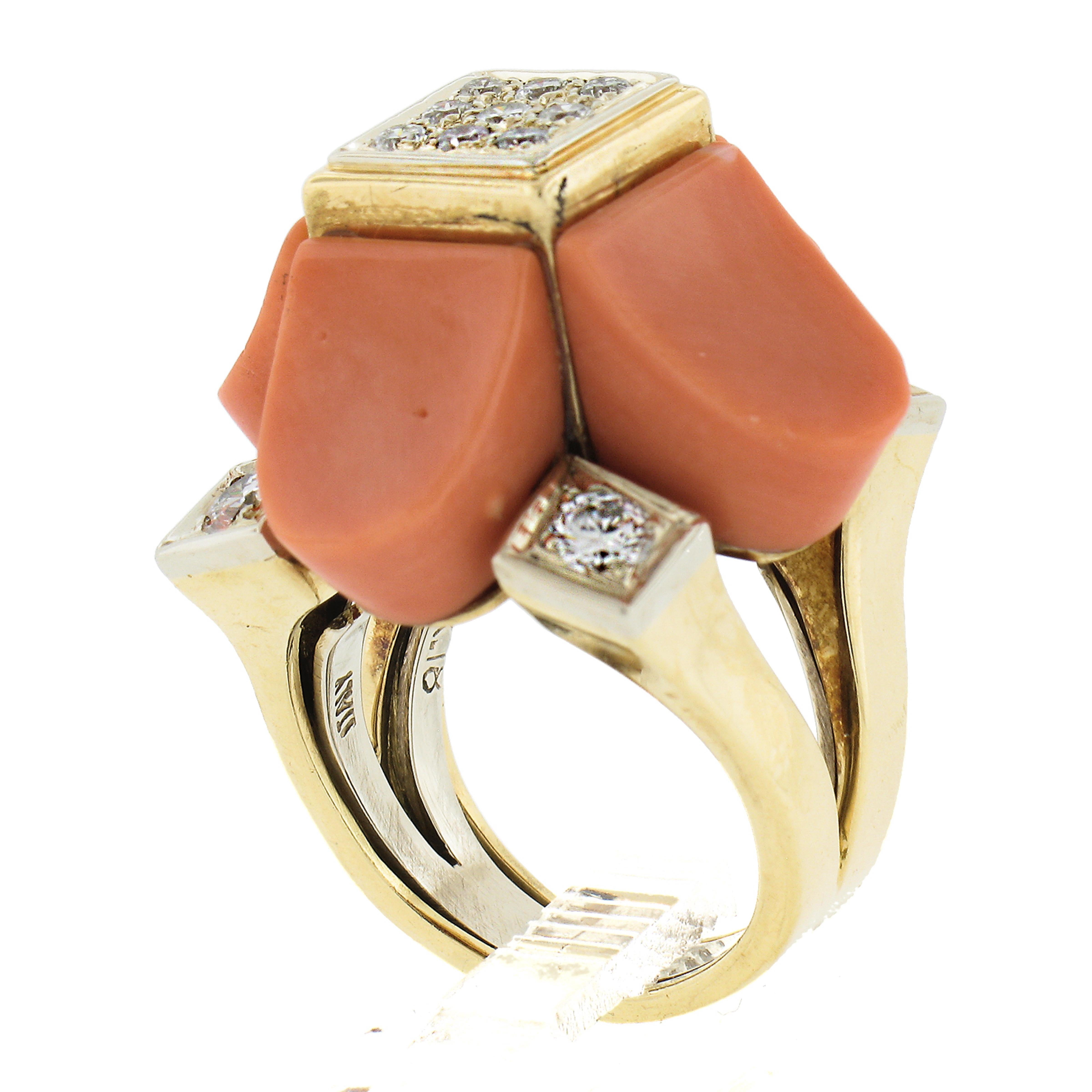 Vintage 18K Two Tone Gold Custom Cut Coral & 0.74ctw Diamond Large Cocktail Ring For Sale 4