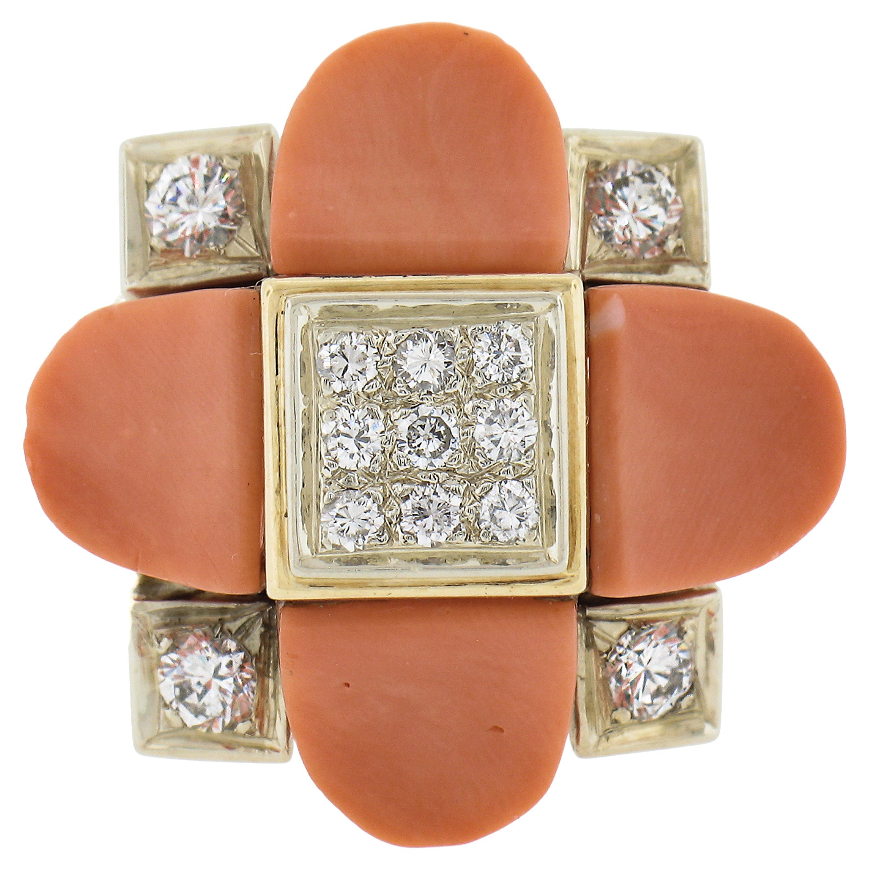 Vintage 18K Two Tone Gold Custom Cut Coral & 0.74ctw Diamond Large Cocktail Ring For Sale