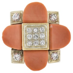 Vintage 18K Two Tone Gold Custom Cut Coral & 0.74ctw Diamond Large Cocktail Ring