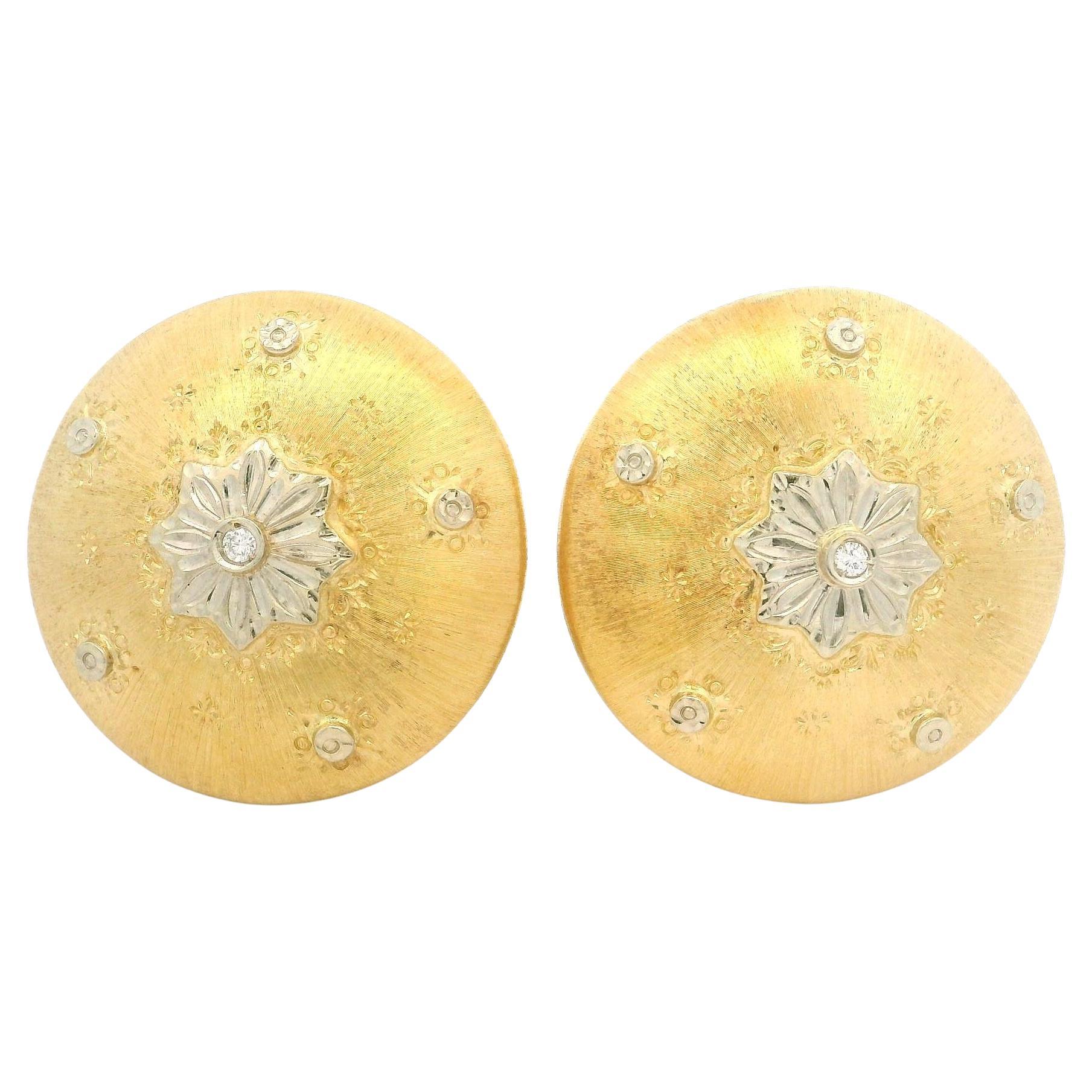 Vintage 18k Two Tone Gold Diamond Textured Floral Large Button Clip On Earrings