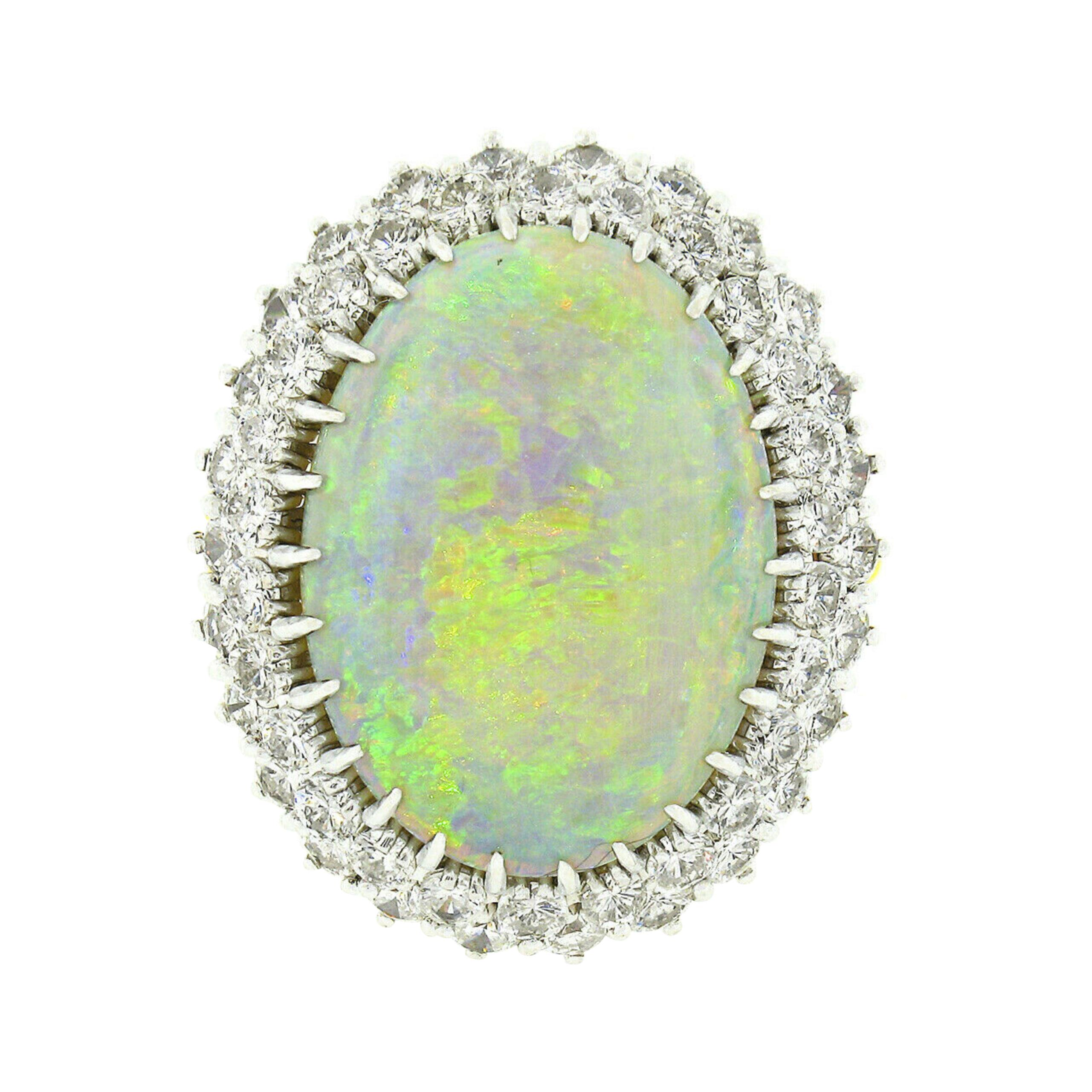 Vintage 18k Two Tone Gold GIA Fiery Opal Dual Diamond Halo Bead Open Work Ring