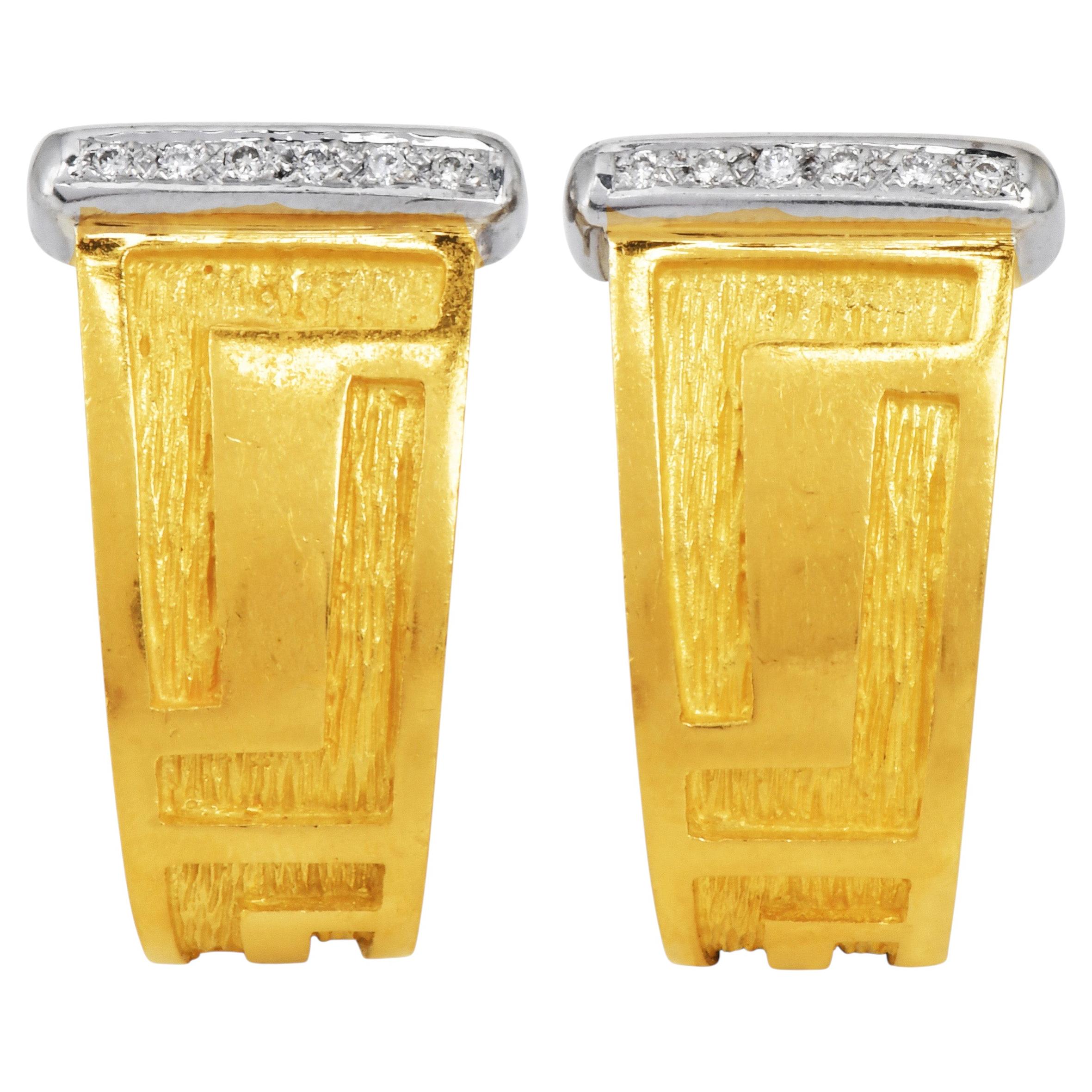 Vintage 18K Two Tone Gold Greek Key Diamond Earrings For Sale