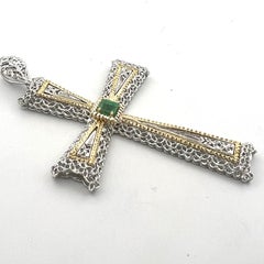 Vintage 18K Two-Tone Gold Natural Emerald Filigree Cross Pendant Italy Large