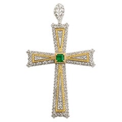 Vintage 18K Two-Tone Gold Natural Emerald Filigree Cross Pendant Italy Large