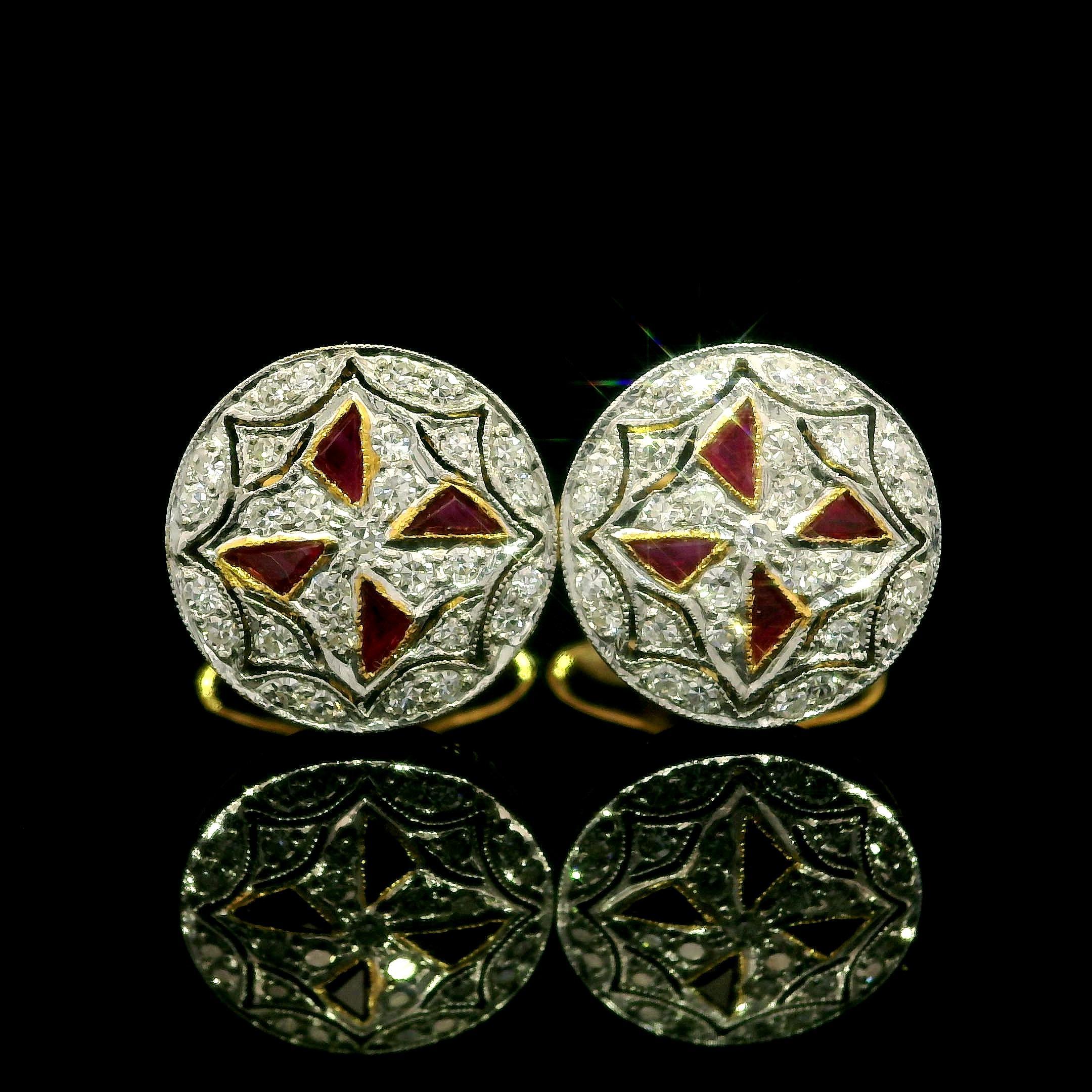 --Stone(s):--
(8) Natural Genuine Rubies - Cushion Calibre Cut - Bezel Set - Deep Red Color
(58) Natural Genuine Diamonds - Round Brilliant Cut - Pave Set - G-I Color - VS1/VS2 w/ Few SI Clarity - 0.60ctw (approx.)

Material: Solid 18K Yellow Gold