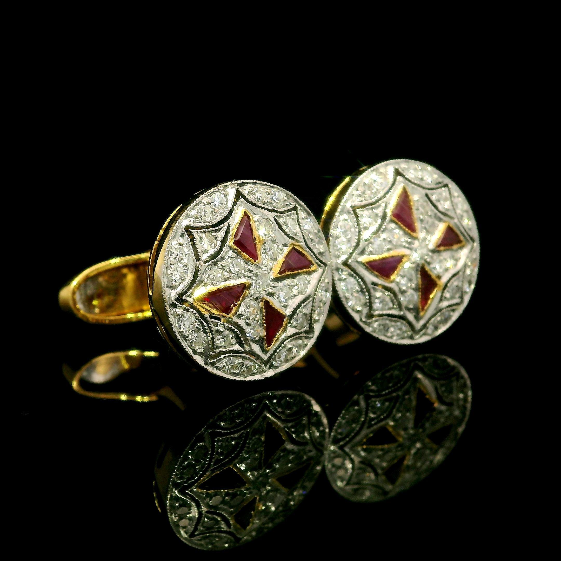 Cushion Cut Vintage 18k Two Tone Gold Ruby & Diamond Mosaic Maltese Cross Round Cufflinks