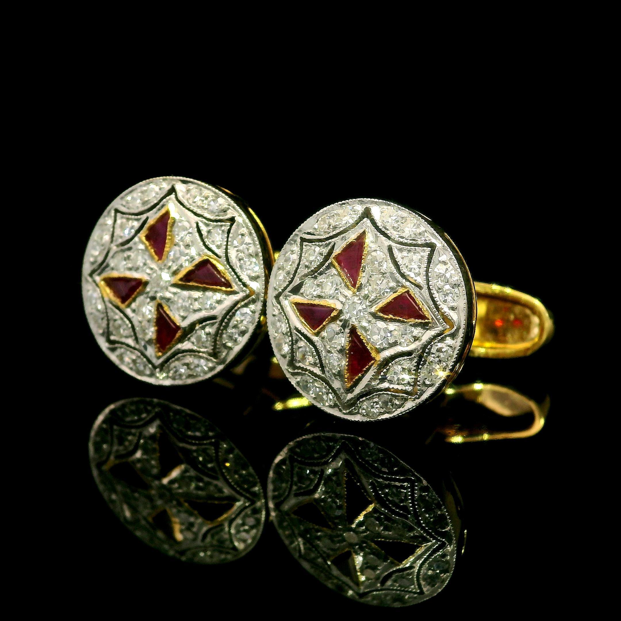 Vintage 18k Two Tone Gold Ruby & Diamond Mosaic Maltese Cross Round Cufflinks In Excellent Condition In Montclair, NJ