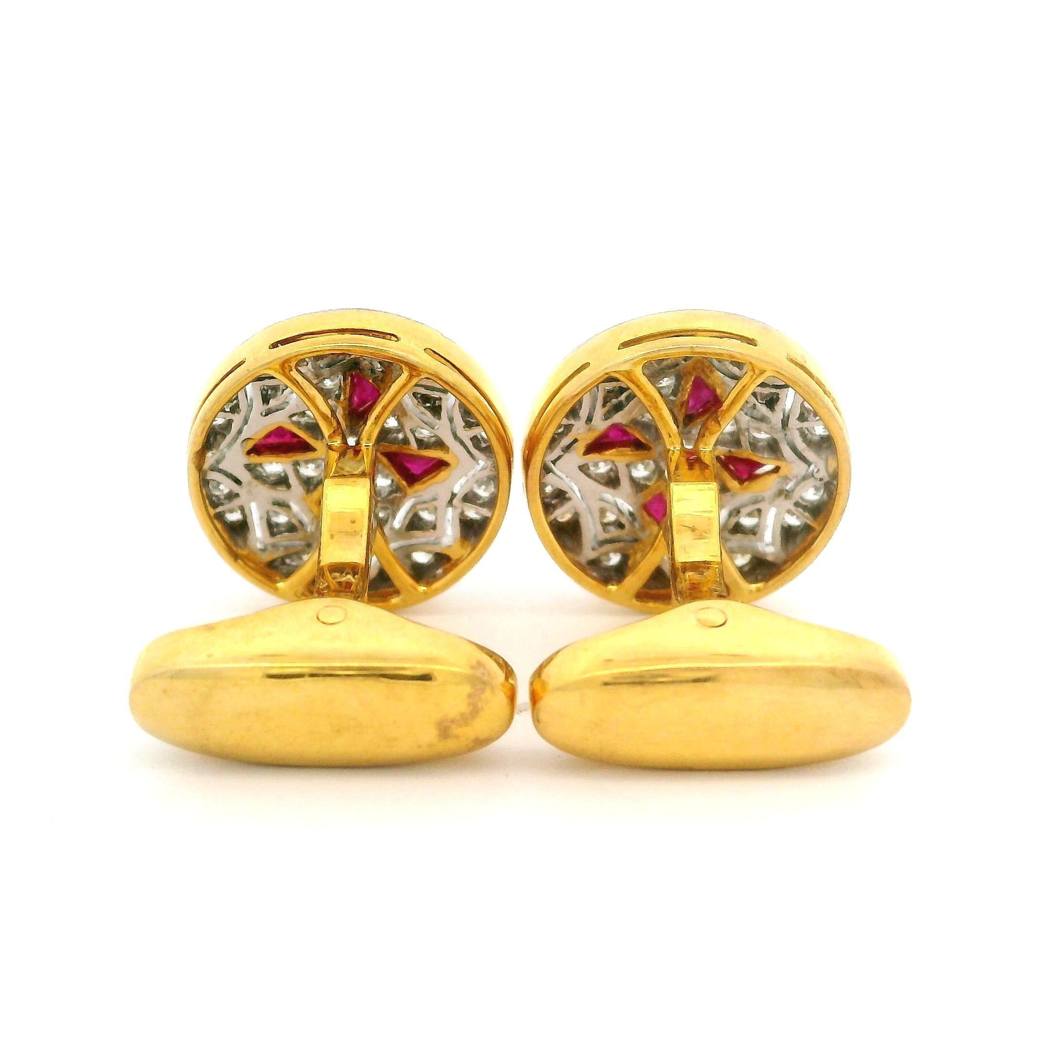 Men's Vintage 18k Two Tone Gold Ruby & Diamond Mosaic Maltese Cross Round Cufflinks