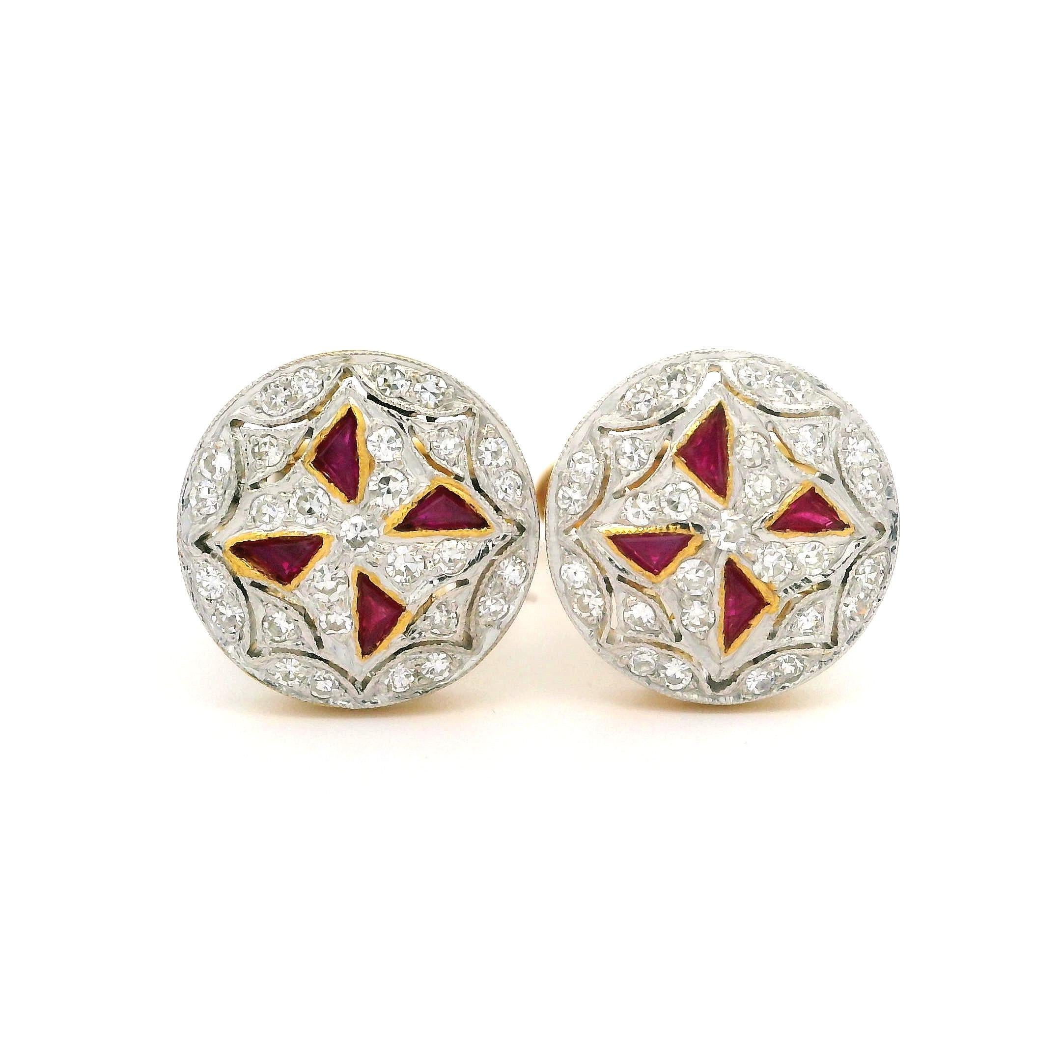 Vintage 18k Two Tone Gold Ruby & Diamond Mosaic Maltese Cross Round Cufflinks 2