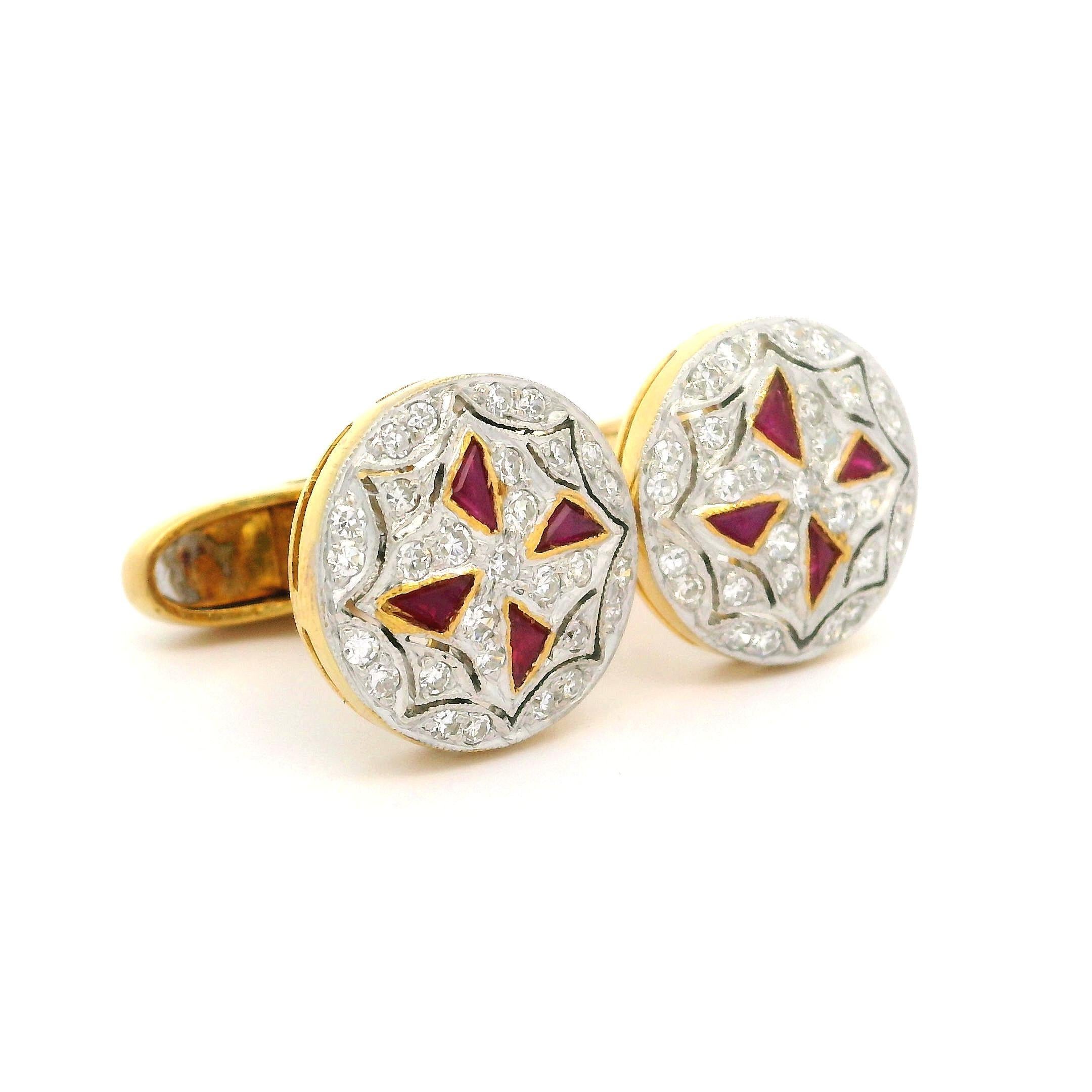 Vintage 18k Two Tone Gold Ruby & Diamond Mosaic Maltese Cross Round Cufflinks 3