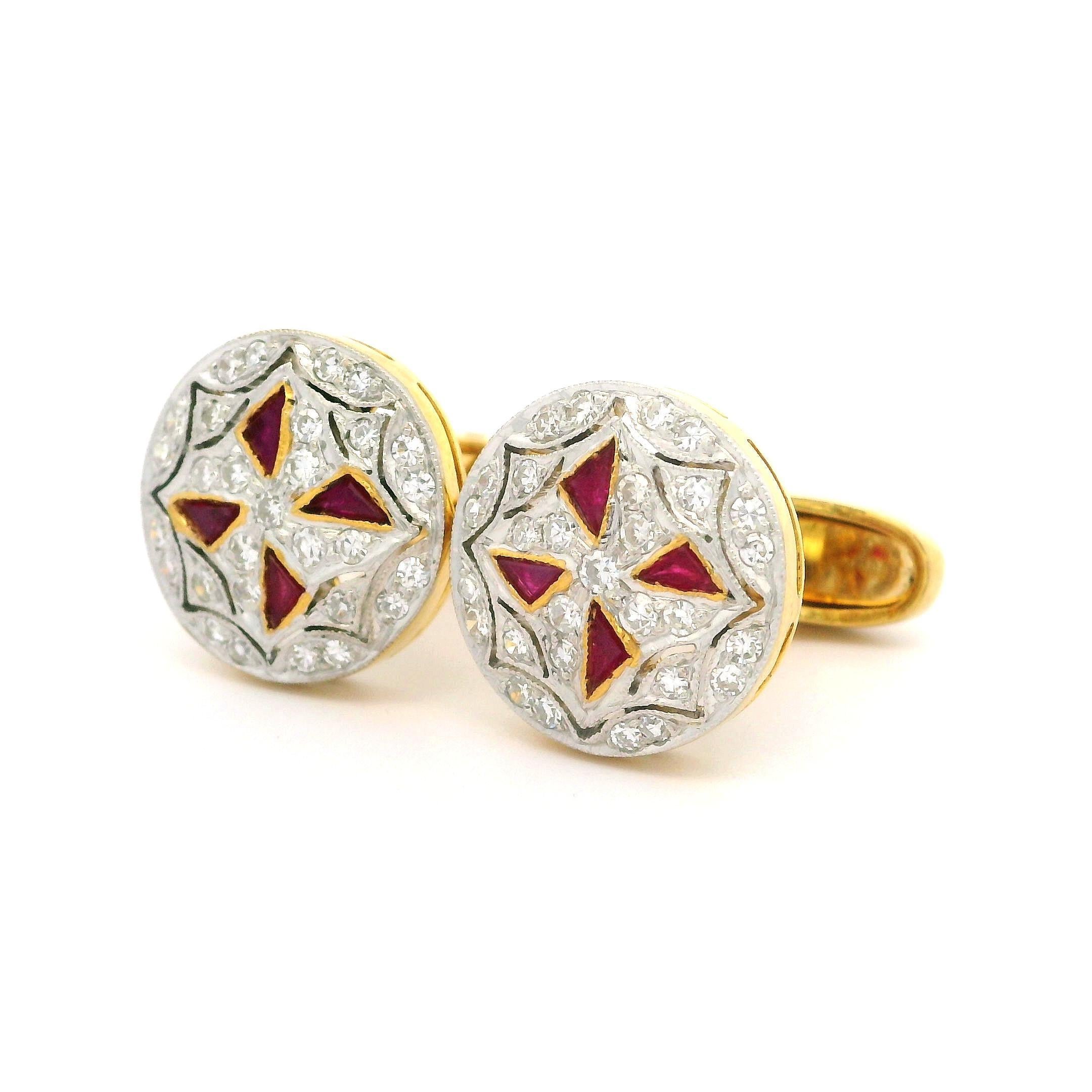 Vintage 18k Two Tone Gold Ruby & Diamond Mosaic Maltese Cross Round Cufflinks 4