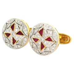 Vintage 18k Two Tone Gold Ruby & Diamond Mosaic Maltese Cross Round Cufflinks