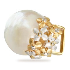 Vintage 18k Two Tone Gold Semi Baroque South Sea Pearl and Diamond Slide Pendant
