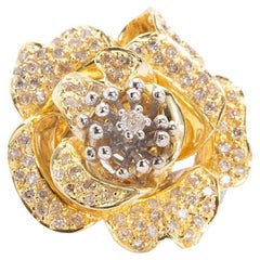 Anillo de Diamantes Flor Única Vintage de Oro de Dos Tonos de 18k