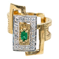 Vintage 18k Two-Tone Green Marquise Emerald & Round Diamond Halo Cocktail Ring