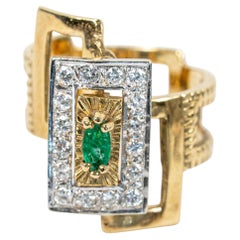 Vintage 18k Two-Tone Green Marquise Emerald & Round Diamond Halo Cocktail Ring