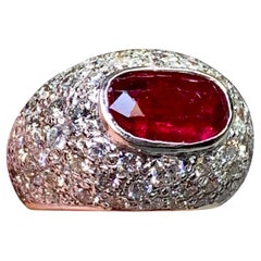 Vintage 18K Two Tone Oval Vivid Ruby Pave Diamond Dome Cocktail Ring GIA 5.50ctw