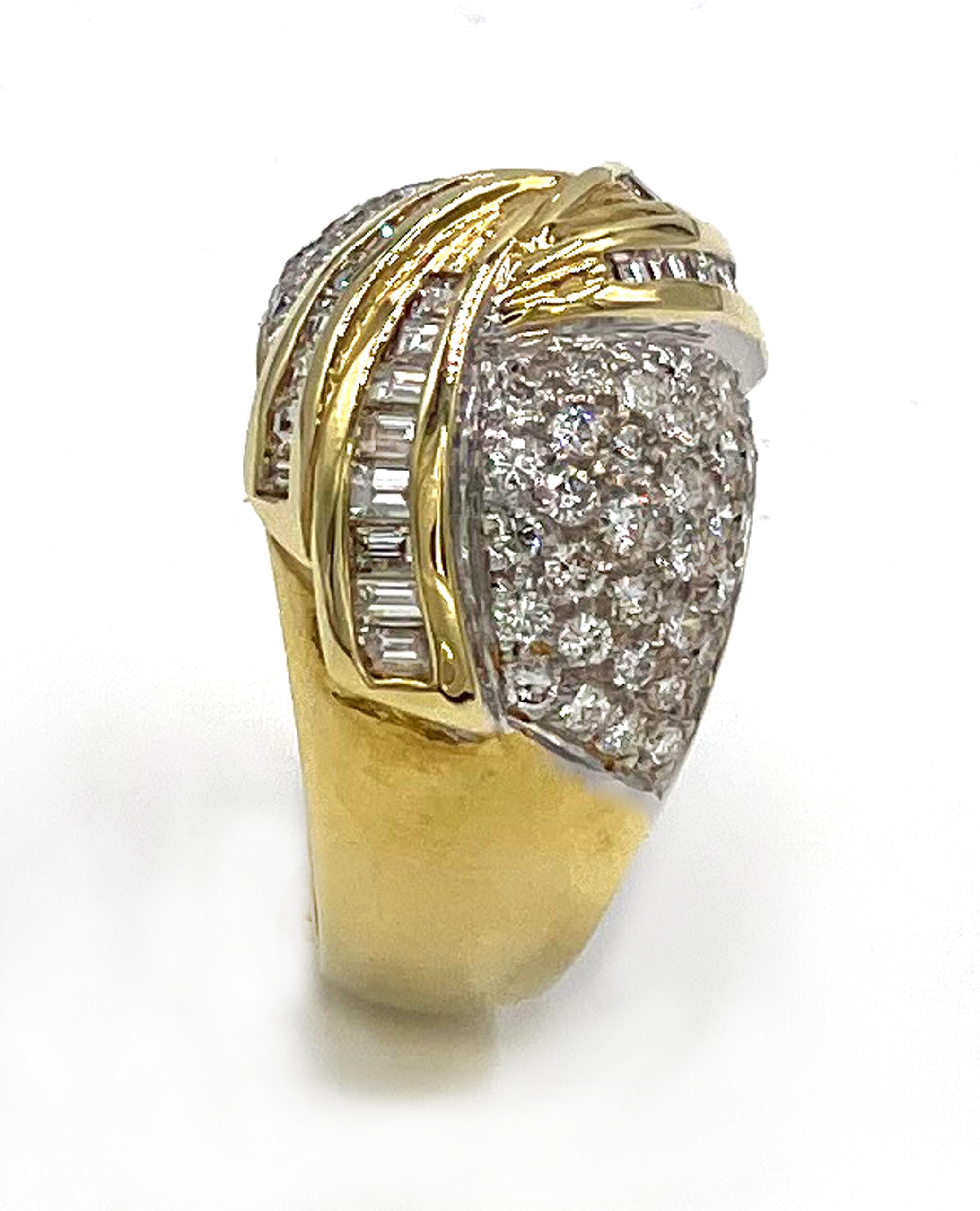 Vintage 18K two-tone dome ring with 21 baguette diamonds and 70 round diamonds totaling 2.15 carats. G/H color, VS clarity. (Created circa 1985)

-Finger size: 6.25