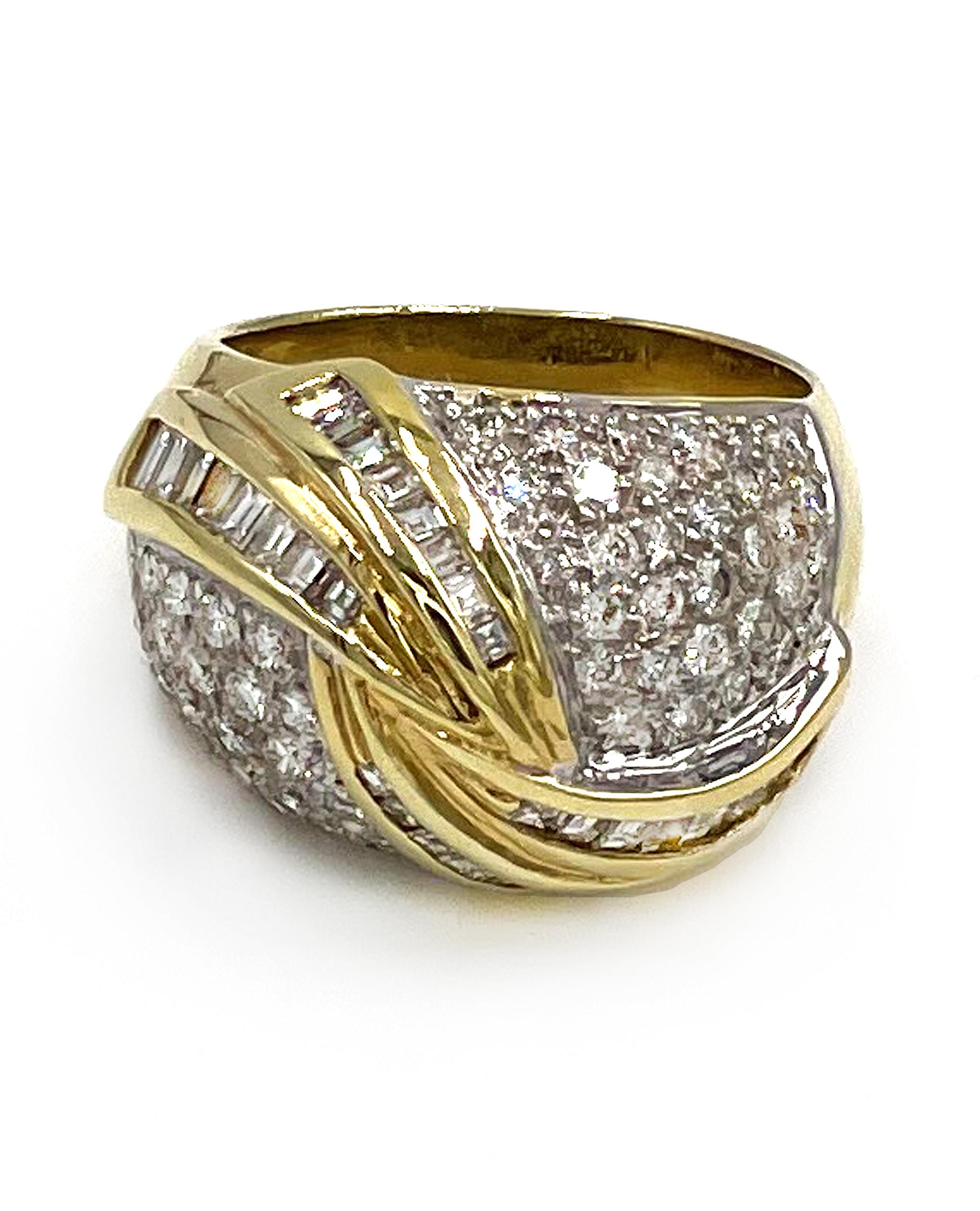 Round Cut Vintage 18k Two Tone Pave Dome Ring, Circa 1985 For Sale