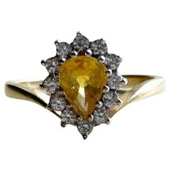 Vintage 18K Two Tone Yellow Sapphire Pear W/ Diamond Halo Ring