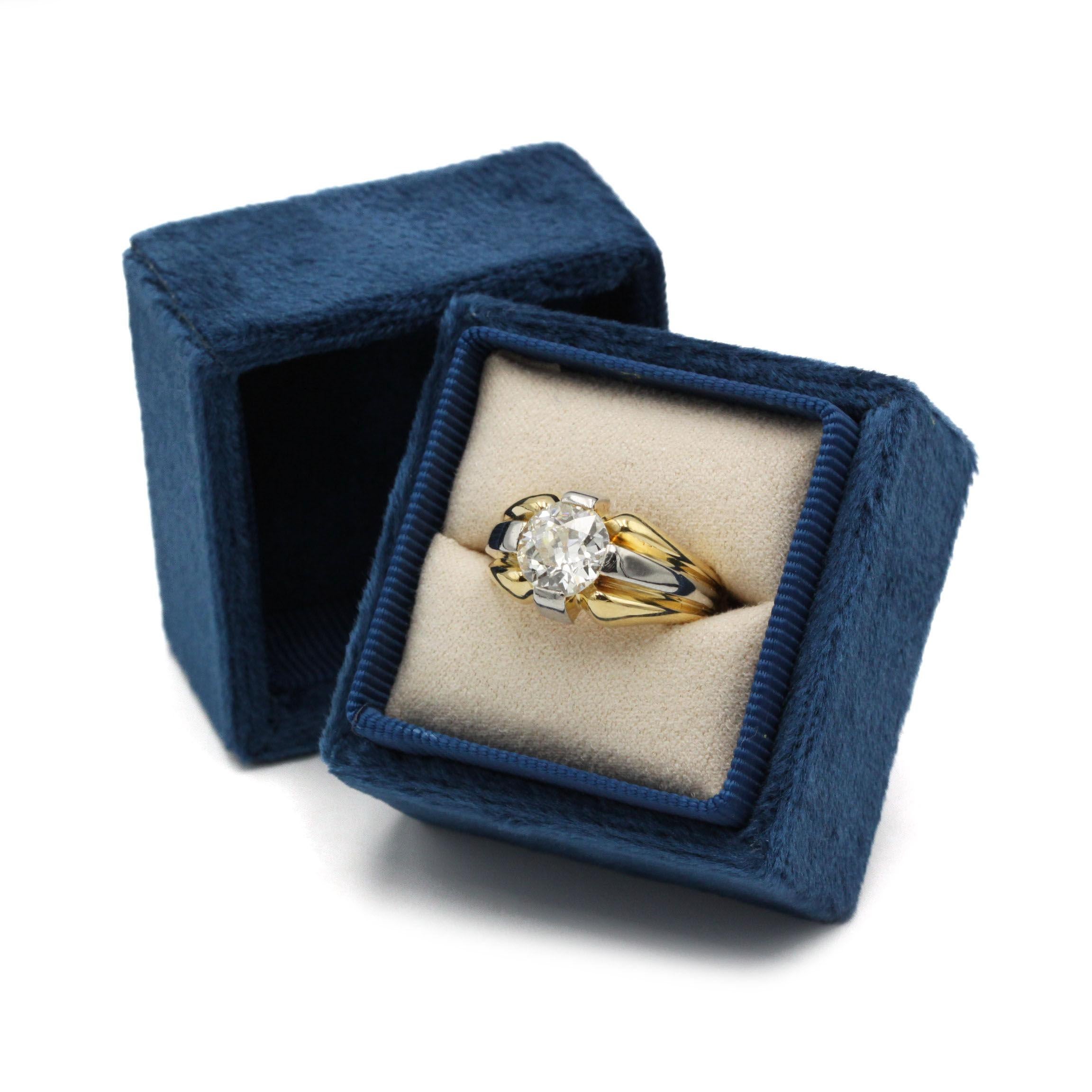 Women's Vintage 18K Two-Tone Yellow & White Gold Signet Ring with 2.00 Ct Old European For Sale