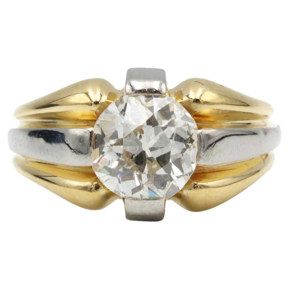 Anillo de sello vintage de oro amarillo y blanco bicolor de 18 quilates con 2,00 quilates antiguos europeos
