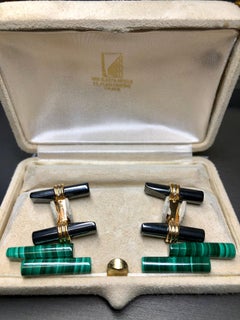 VAN CLEEF & ARPELS Boutons de manchette vintage 18 carats en hématite et malachite, reçus dans leur boîte d'origine