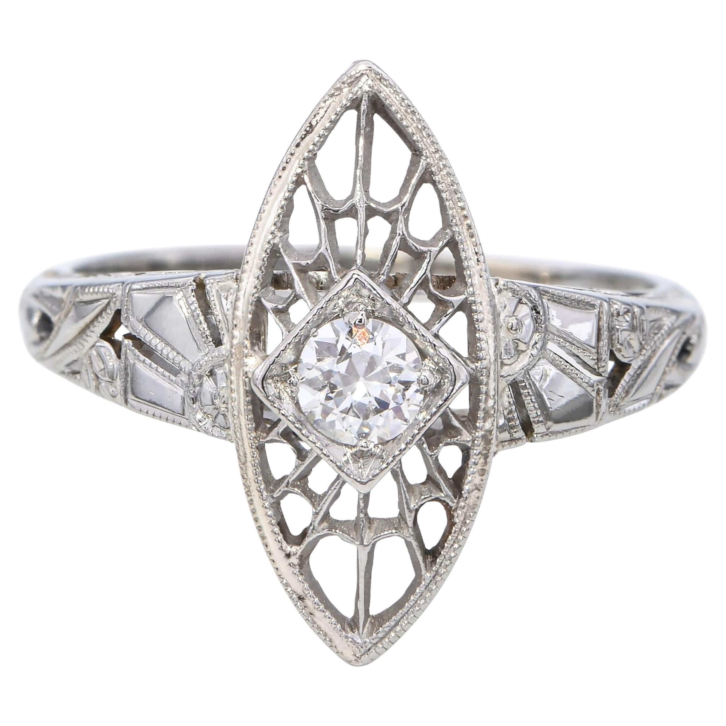 Anello vintage in oro bianco 18 carati con diamante europeo da 0,15 carati in filigrana