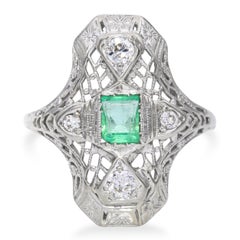 Vintage 18k White Gold 0.35tcw Emerald Diamond Filigree Ring