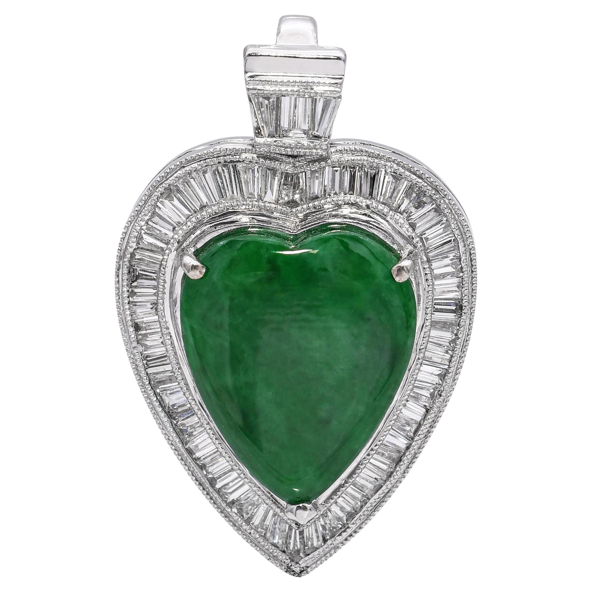 Vintage 18k Weißgold 0,85tcw Diamant und Jade Herz-Anhänger