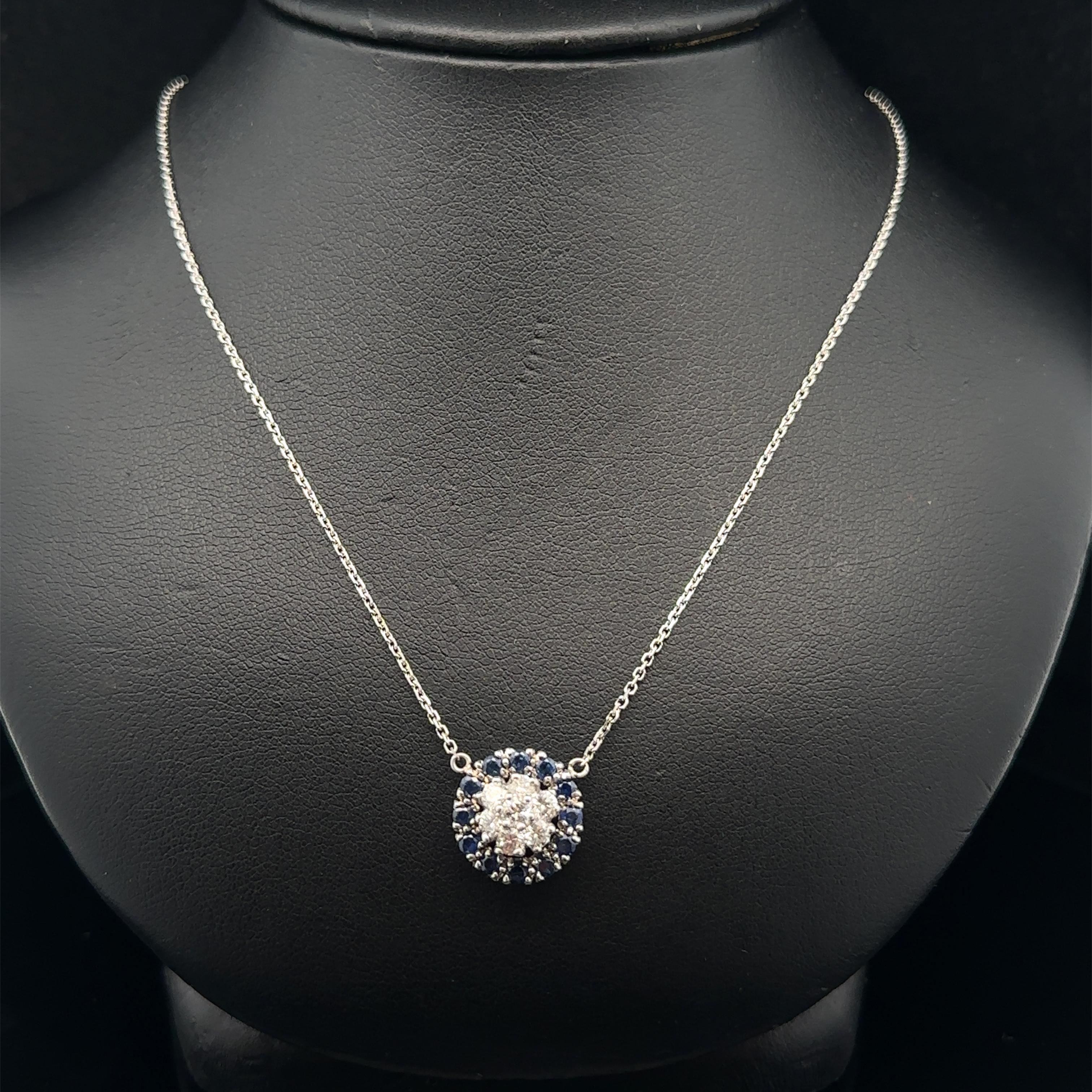 Vintage 18k Weißgold 1,02ctw Saphir & Diamant Runde Cluster-Anhänger Halskette im Angebot 6