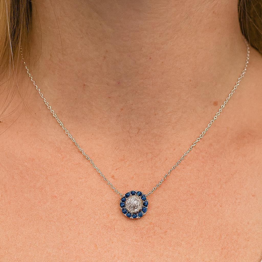 Vintage 18k Weißgold 1,02ctw Saphir & Diamant Runde Cluster-Anhänger Halskette im Angebot 7