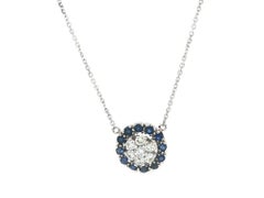 Vintage 18k White Gold 1.02ctw Sapphire & Diamond Round Cluster Pendant Necklace