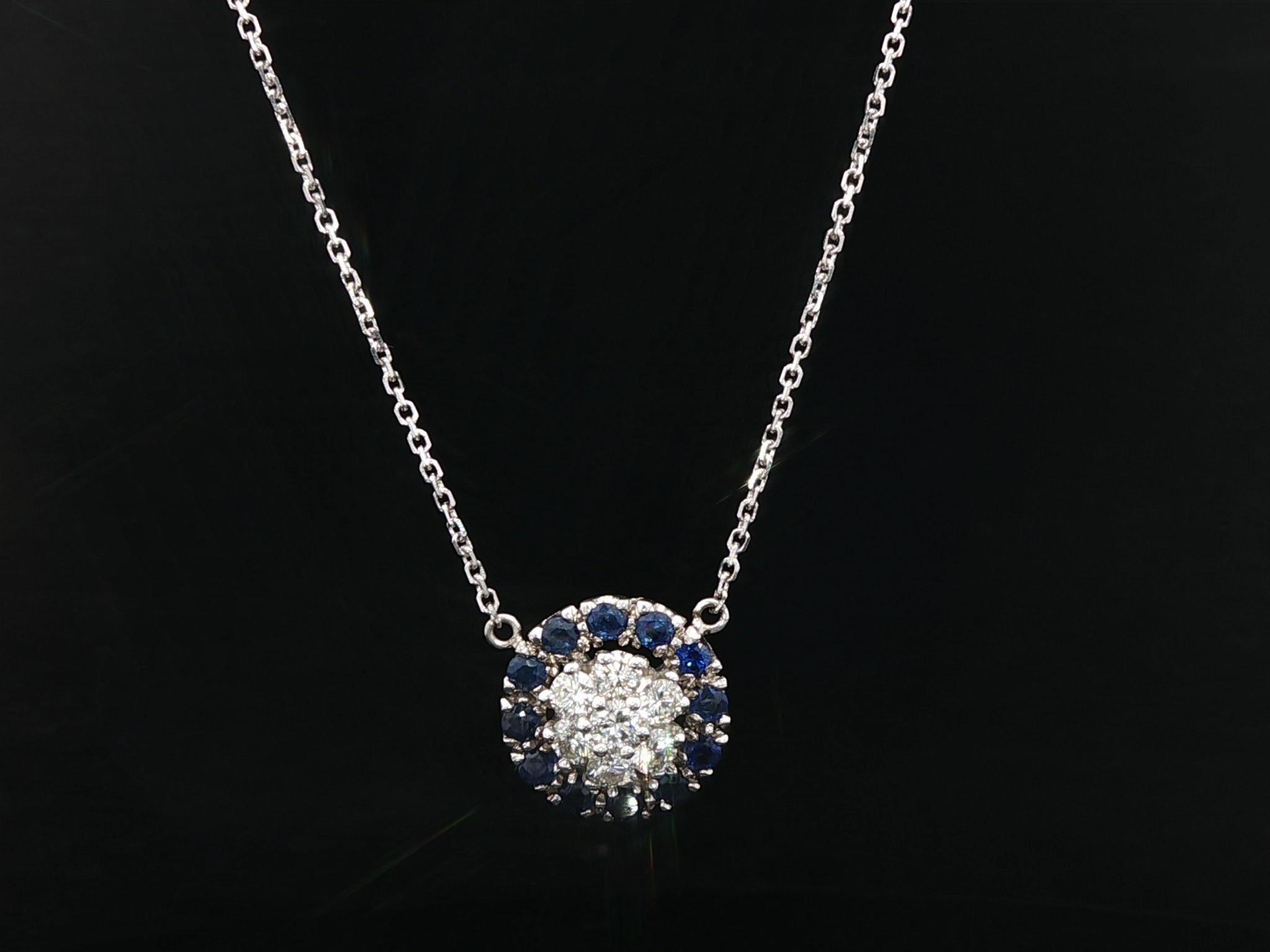 Vintage 18k Weißgold 1,02ctw Saphir & Diamant Runde Cluster-Anhänger Halskette im Angebot 2