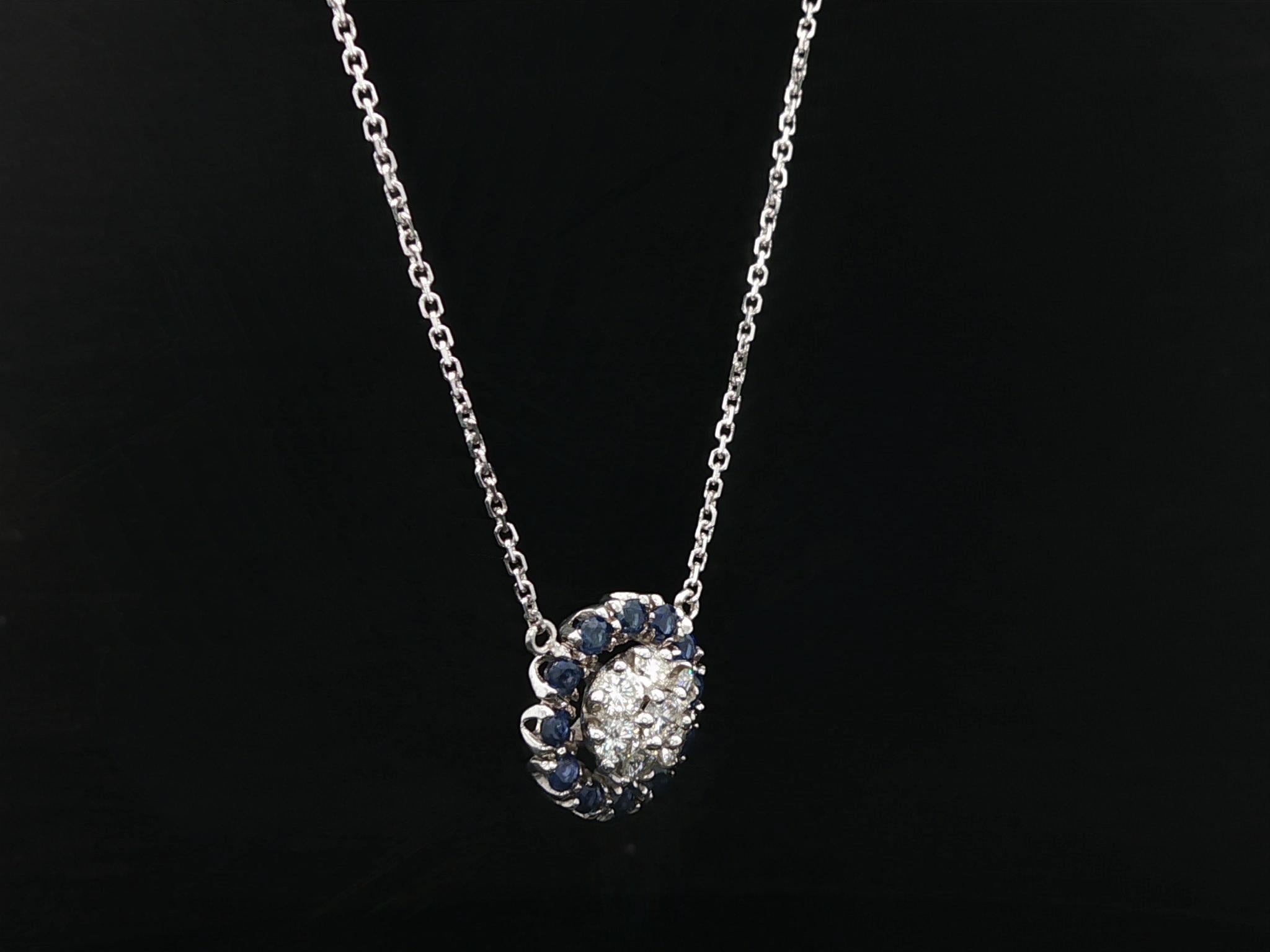 Vintage 18k Weißgold 1,02ctw Saphir & Diamant Runde Cluster-Anhänger Halskette im Angebot 3