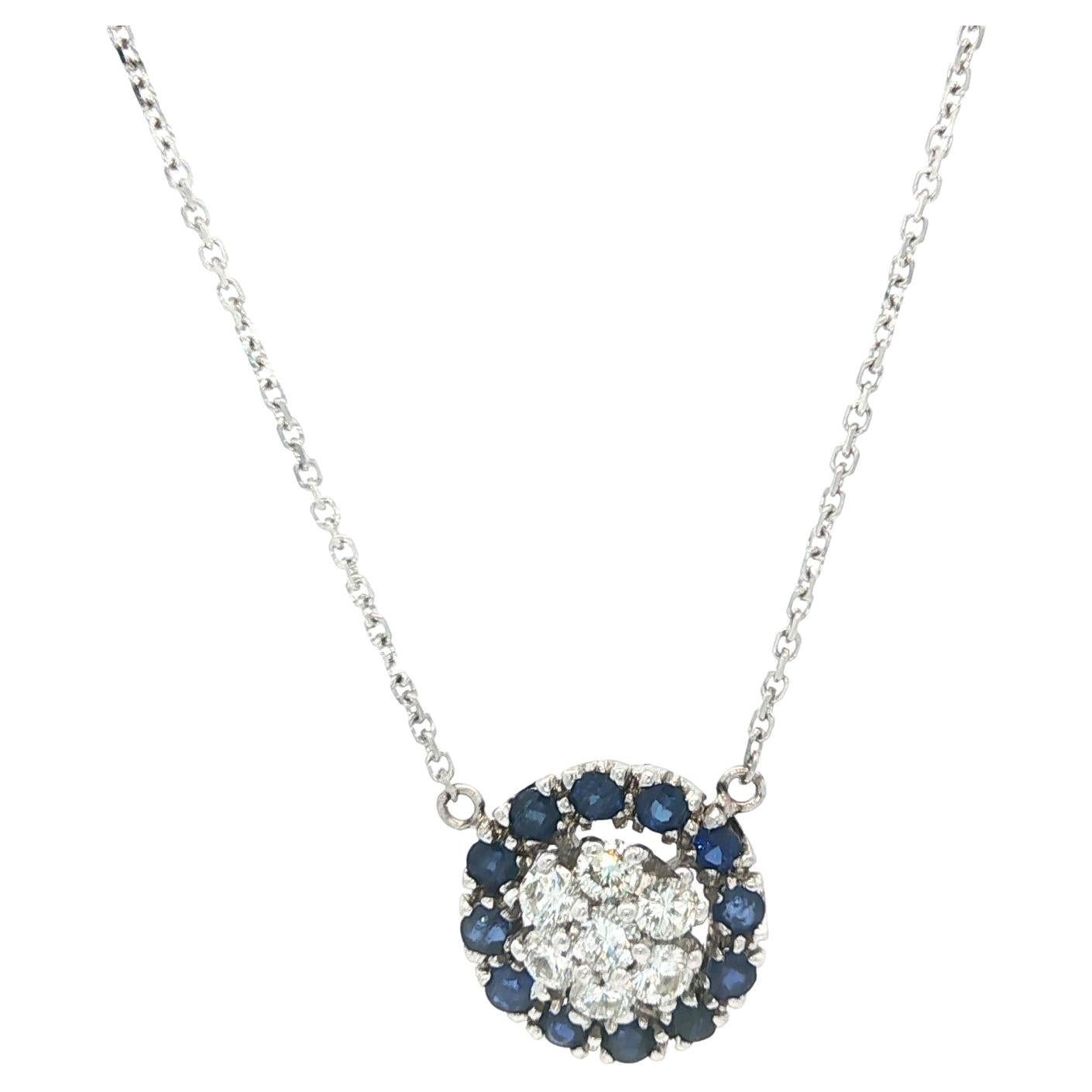 Vintage 18k White Gold 1.02ctw Sapphire 
Diamond Round Cluster Pendant Necklace