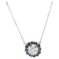 Vintage 18k White Gold 1.02ctw Sapphire & Diamond Round Cluster Pendant Necklace