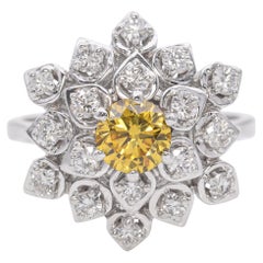 Vintage 18K White Gold 1.11 TCW Yellow Diamond Halo Cluster Cocktail Ring