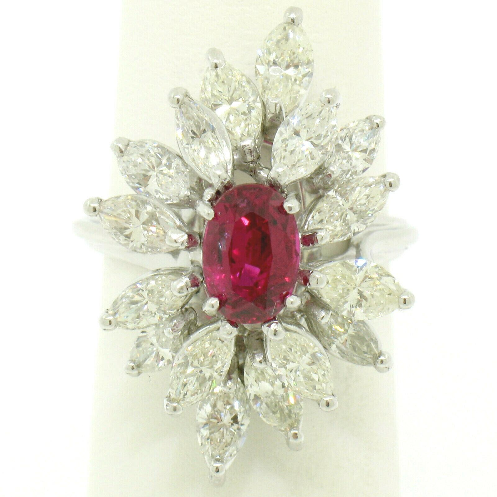 Oval Cut Vintage 18k White Gold 1.39ct GIA Ruby & Marquise Diamond Cocktail Cluster Ring For Sale