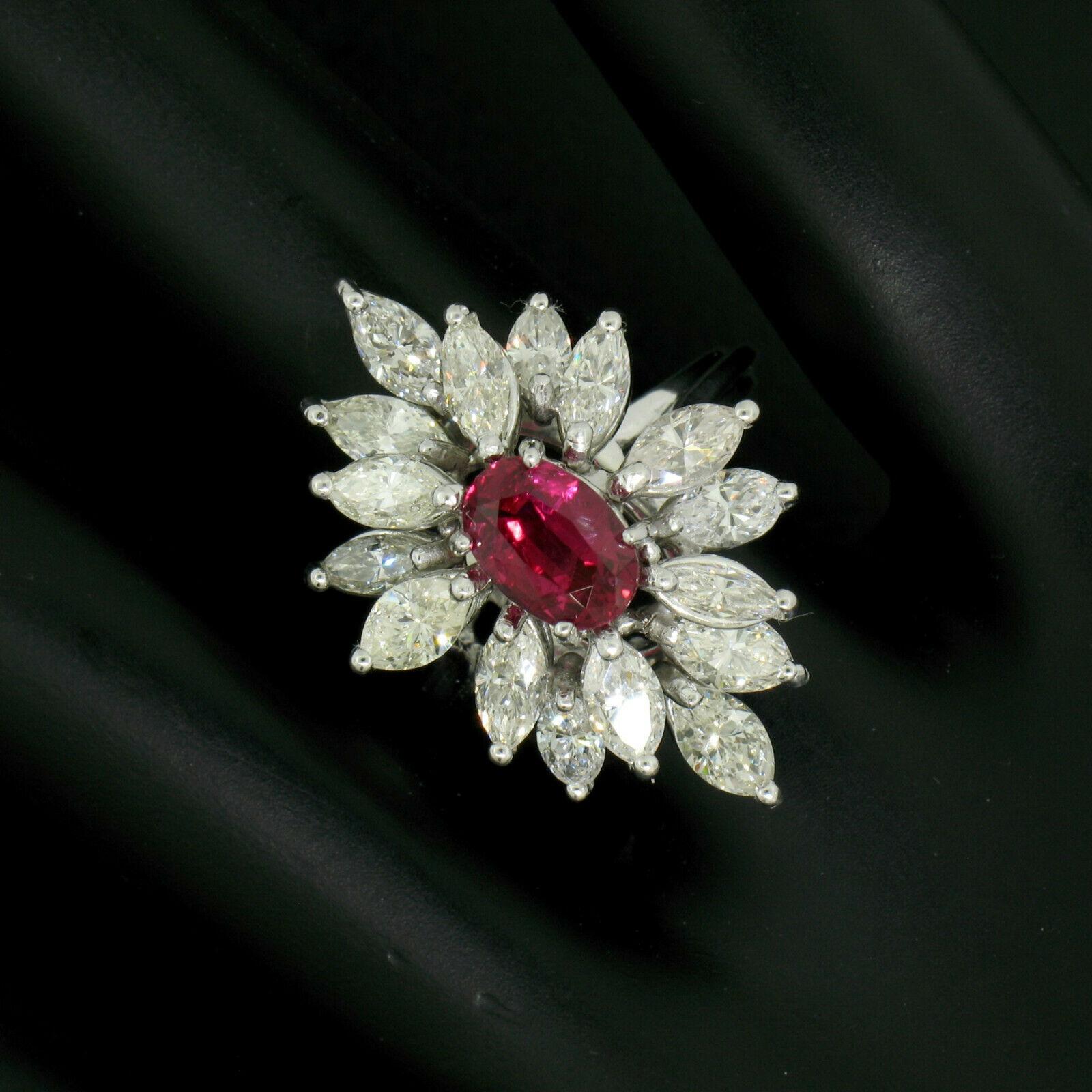Vintage 18k White Gold 1.39ct GIA Ruby & Marquise Diamond Cocktail Cluster Ring In Good Condition For Sale In Montclair, NJ
