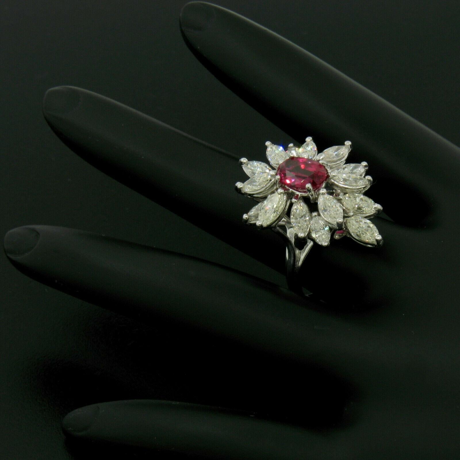 Women's Vintage 18k White Gold 1.39ct GIA Ruby & Marquise Diamond Cocktail Cluster Ring For Sale