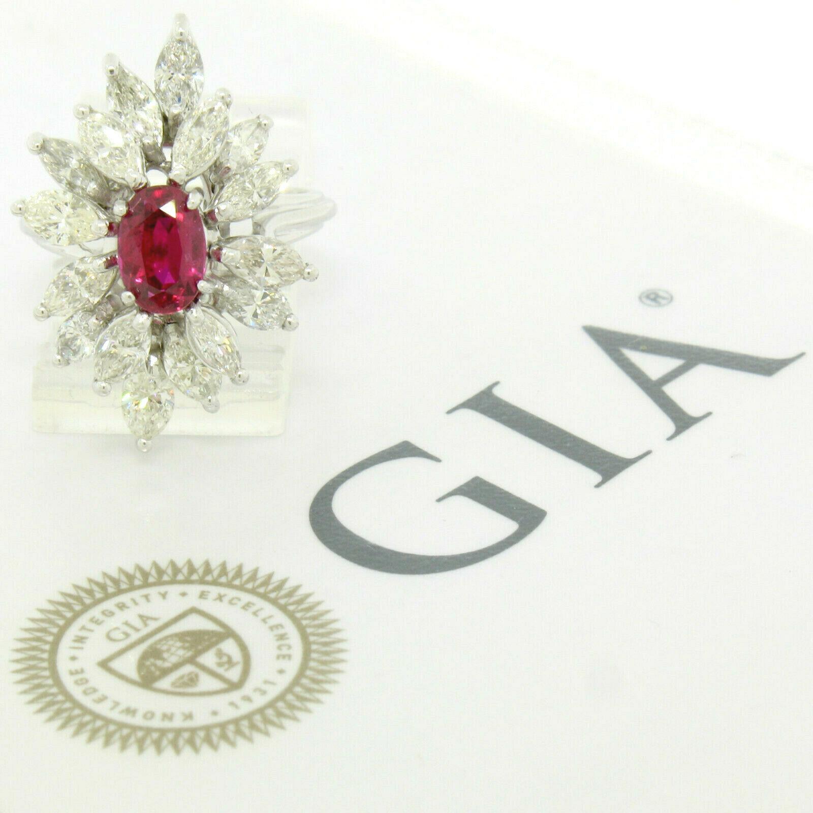 Vintage 18k White Gold 1.39ct GIA Ruby & Marquise Diamond Cocktail Cluster Ring 1