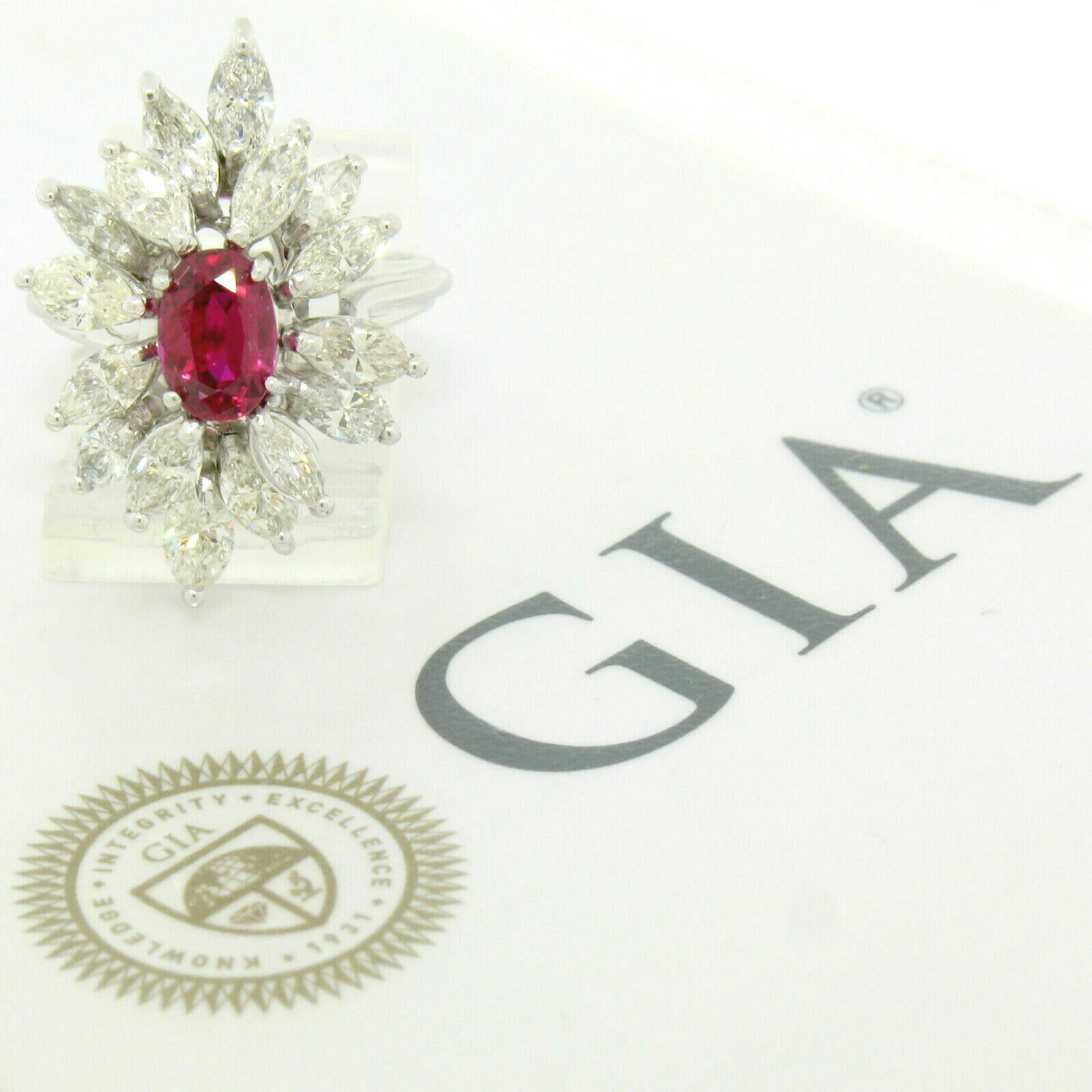 Vintage 18k White Gold 1.39ct GIA Ruby & Marquise Diamond Cocktail Cluster Ring For Sale 1