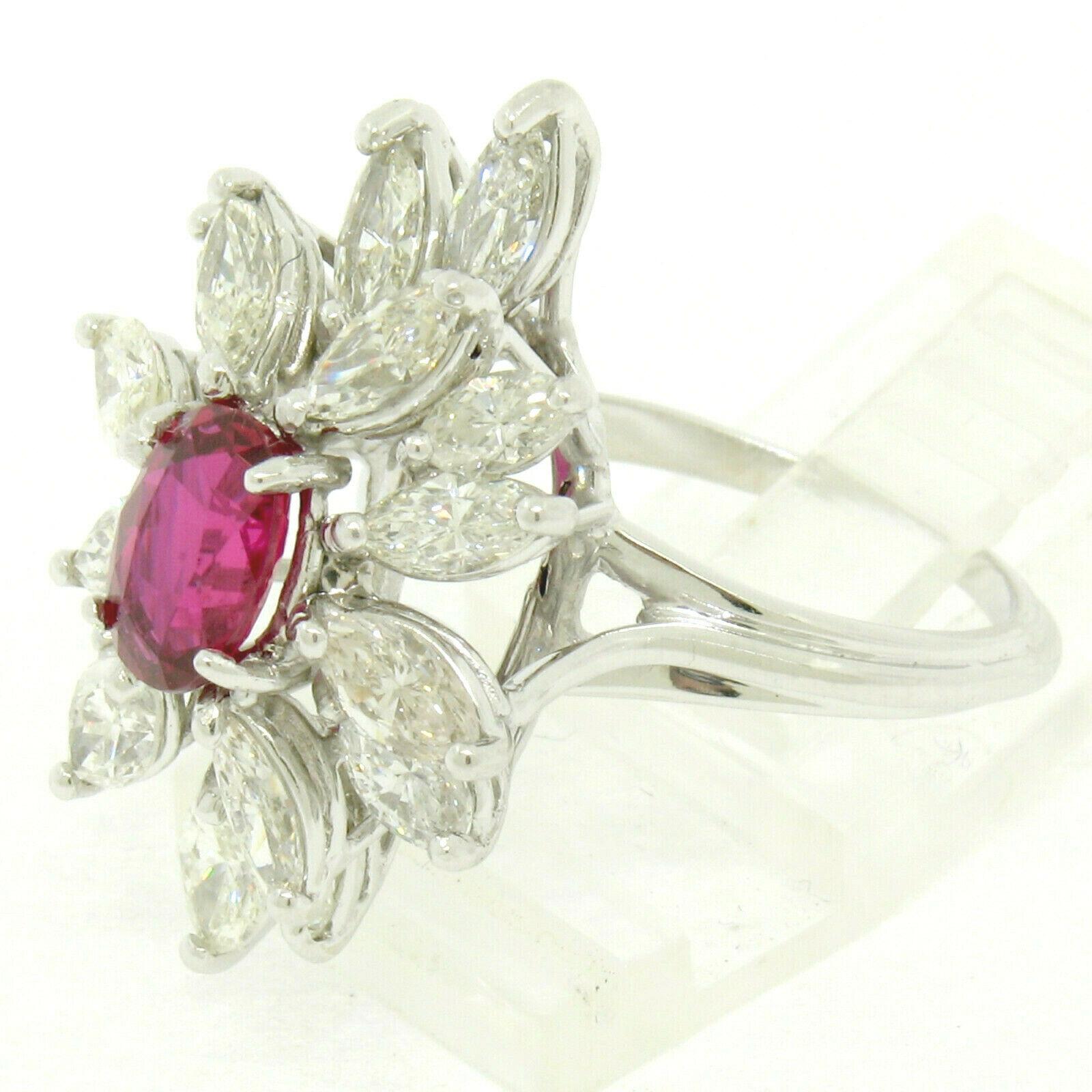 Vintage 18k White Gold 1.39ct GIA Ruby & Marquise Diamond Cocktail Cluster Ring 2