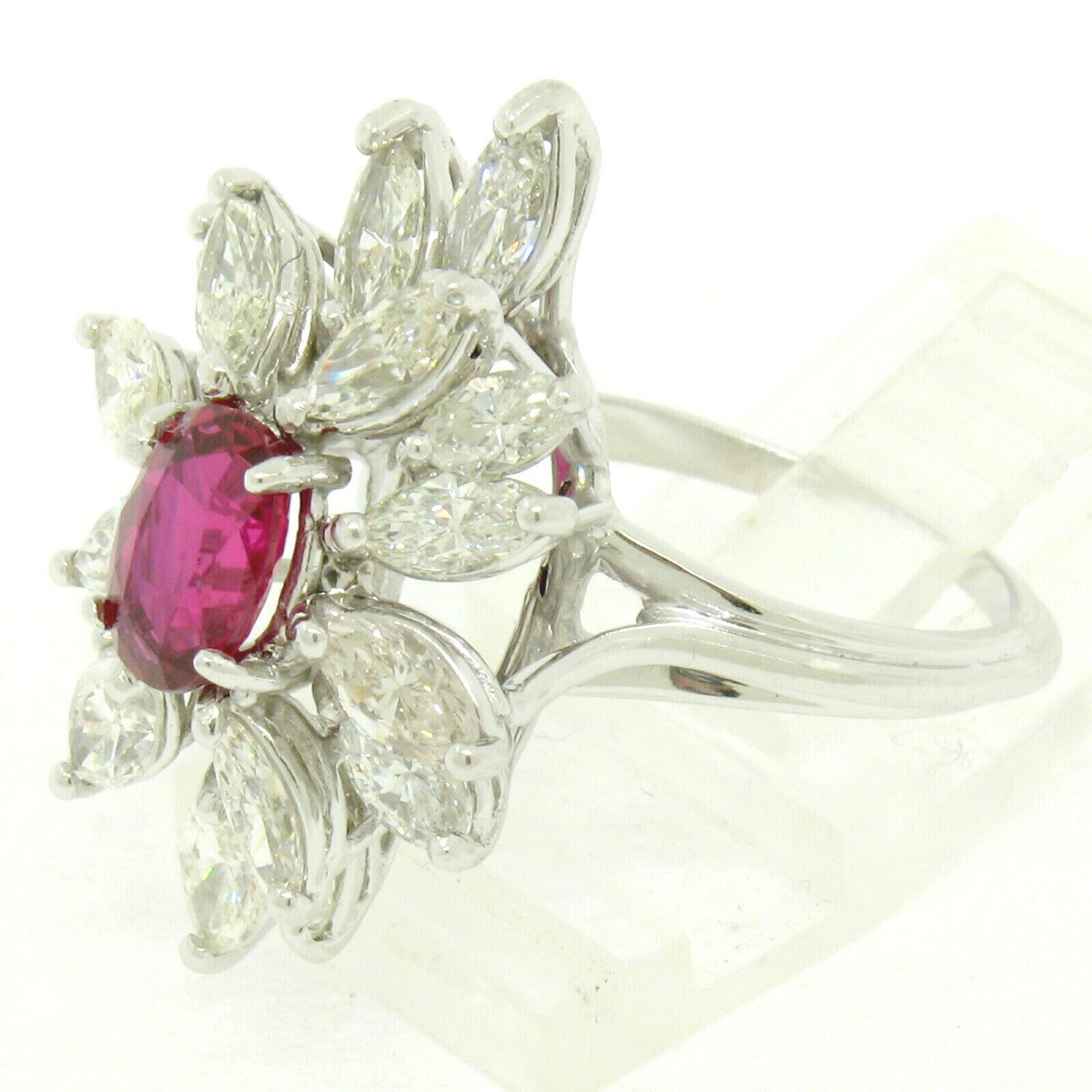 Vintage 18k White Gold 1.39ct GIA Ruby & Marquise Diamond Cocktail Cluster Ring For Sale 2