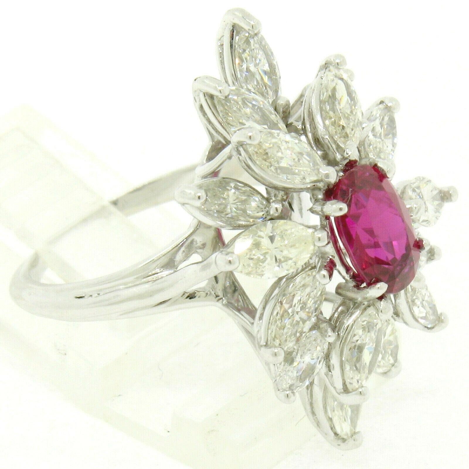 Vintage 18k White Gold 1.39ct GIA Ruby & Marquise Diamond Cocktail Cluster Ring For Sale 3