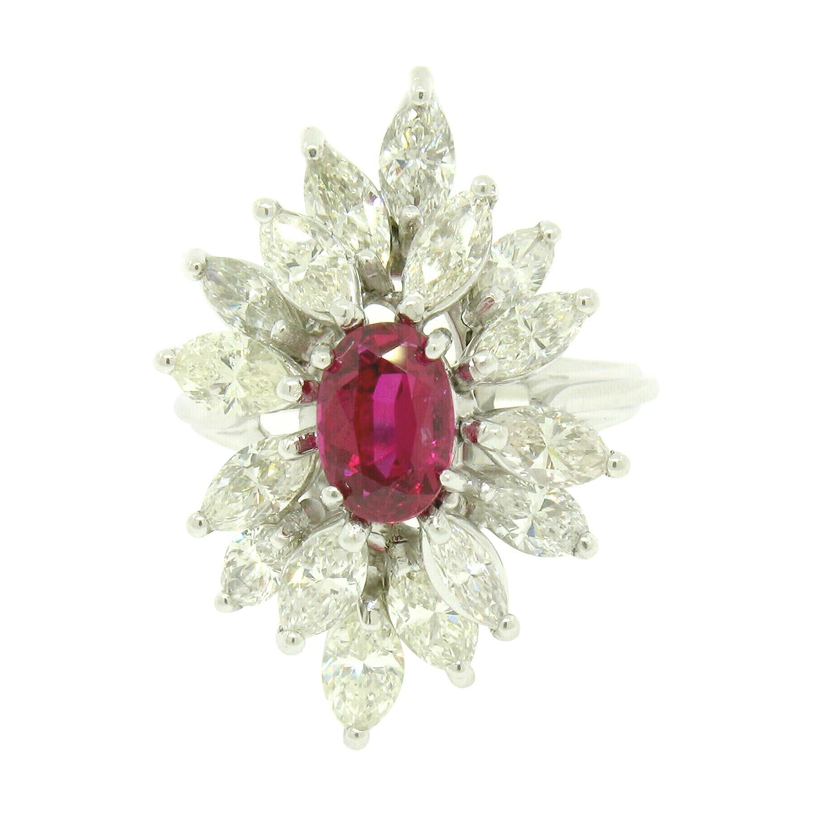 Vintage 18k White Gold 1.39ct GIA Ruby & Marquise Diamond Cocktail Cluster Ring For Sale