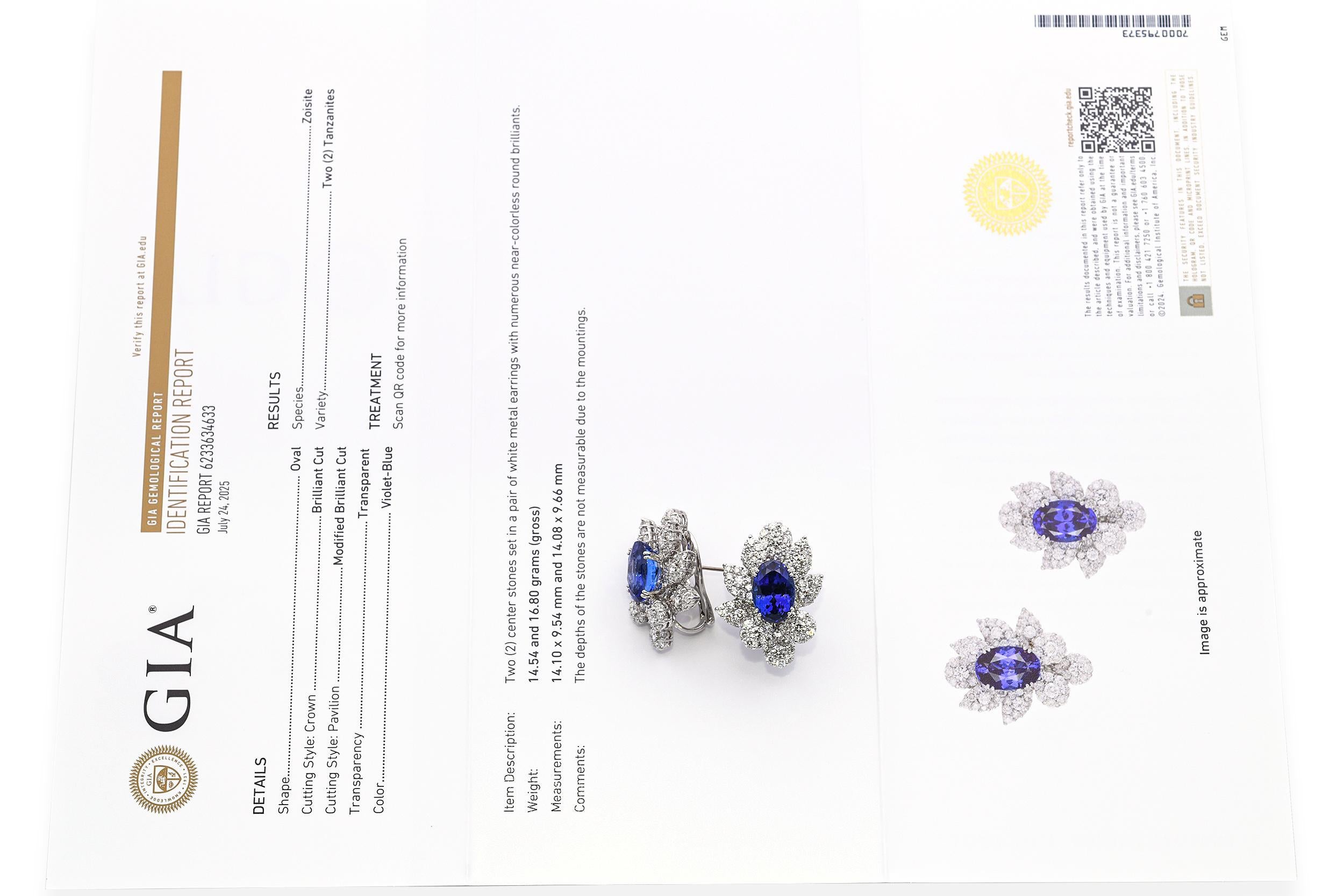 Oval Cut Vintage 18k White Gold 16.4tcw Tanzanite and 6.66tcw Diamond Floral Earrings GIA For Sale