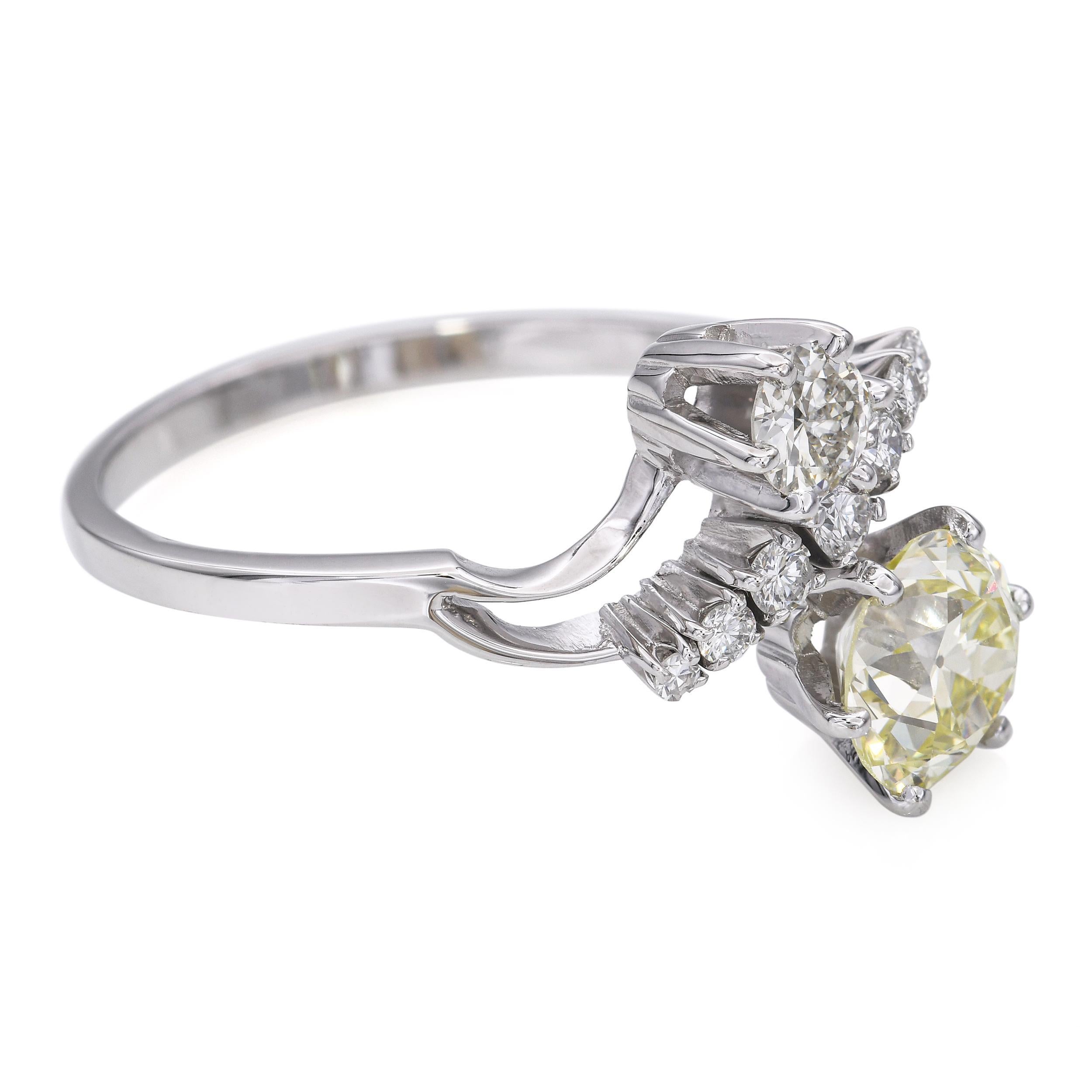 Vintage 18k Weißgold 1,75tcw Gelb Old Euro Diamond Statement Ring im Zustand „Gut“ im Angebot in New York, NY
