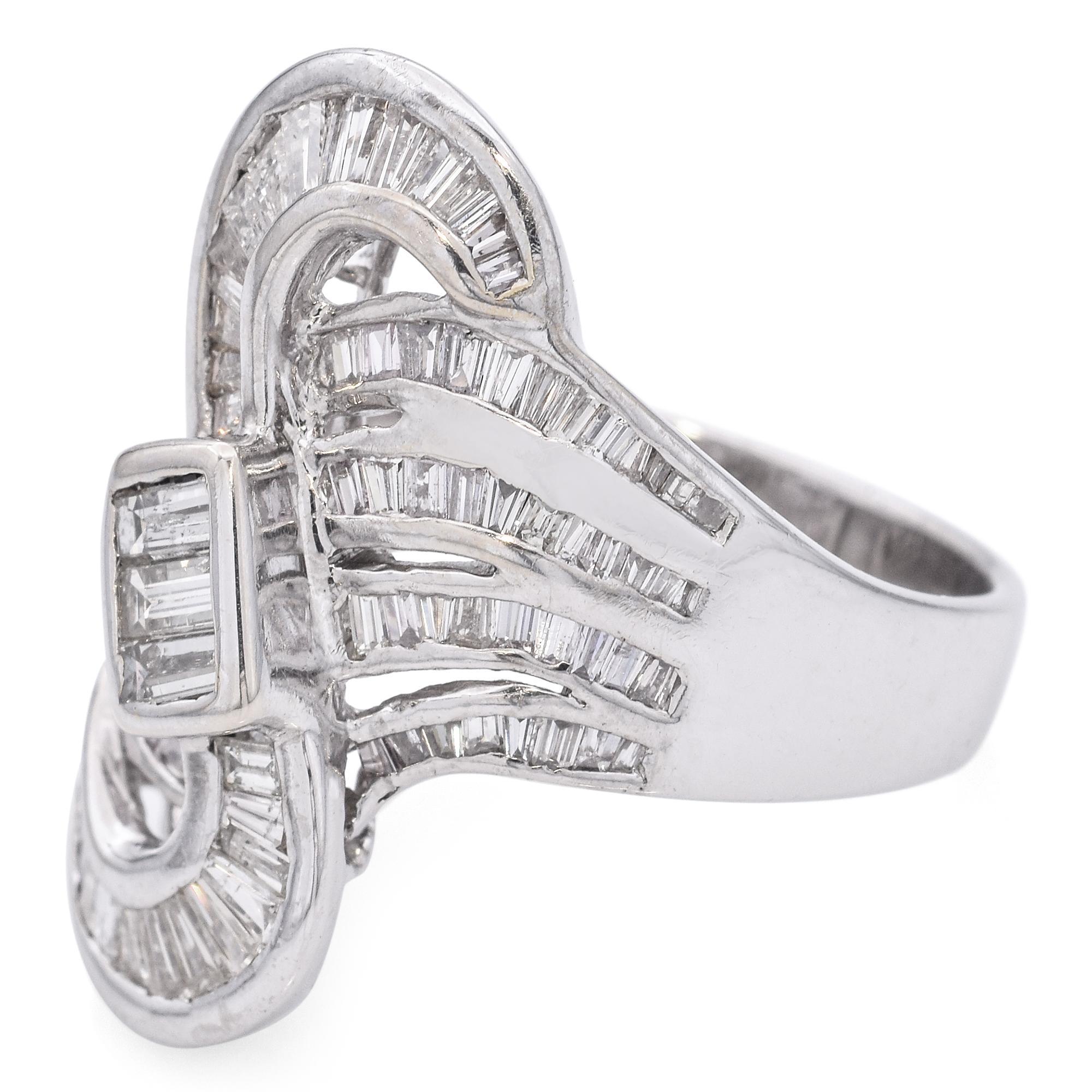 Baguette Cut Vintage 18k White Gold 1.79tcw Diamond Ring For Sale